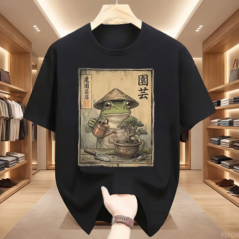 Bonsai Garden China - เสื้อยืดลายกบบอนไซ เสื้อยืดลายกบสวนดอกไม้สุดฮา สไตล์ญี่ปุ่น เสื้อยืดพิมพ์ลายกบ เสื้อยืดลำลองผ้าฝ้ายแขนสั้น คอกลม